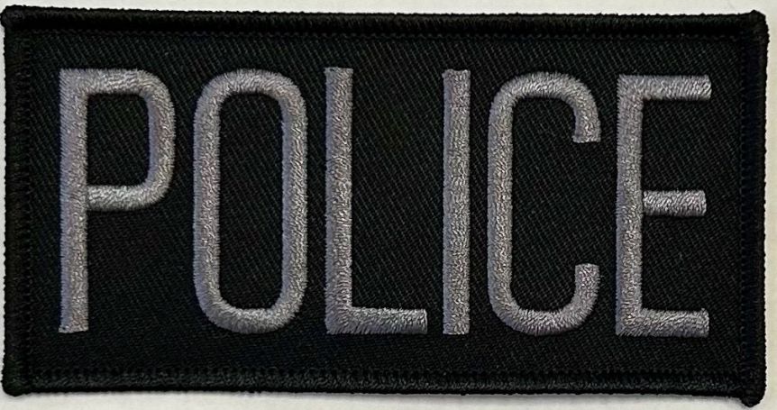 POLICE ID PATCH - 4"W X 2"T - GREY ON BLACK - VELCRO.